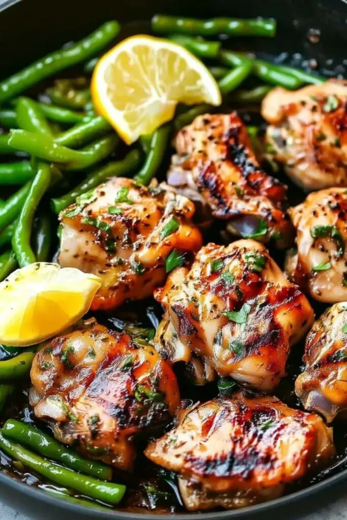Fresh ingredients for lemon garlic butter chicken green beans skillet recipe