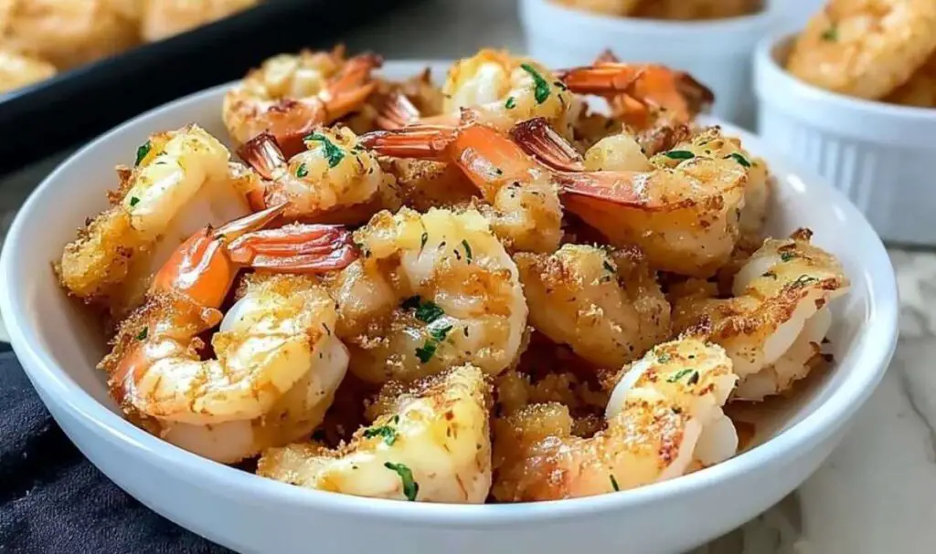 Uncooked magic crispy baked shrimp arranged in single layer with panko topping in baking dish