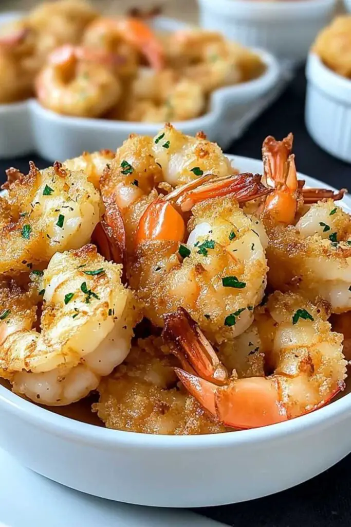 Golden brown magic crispy baked shrimp with fresh parsley garnish served on white plate