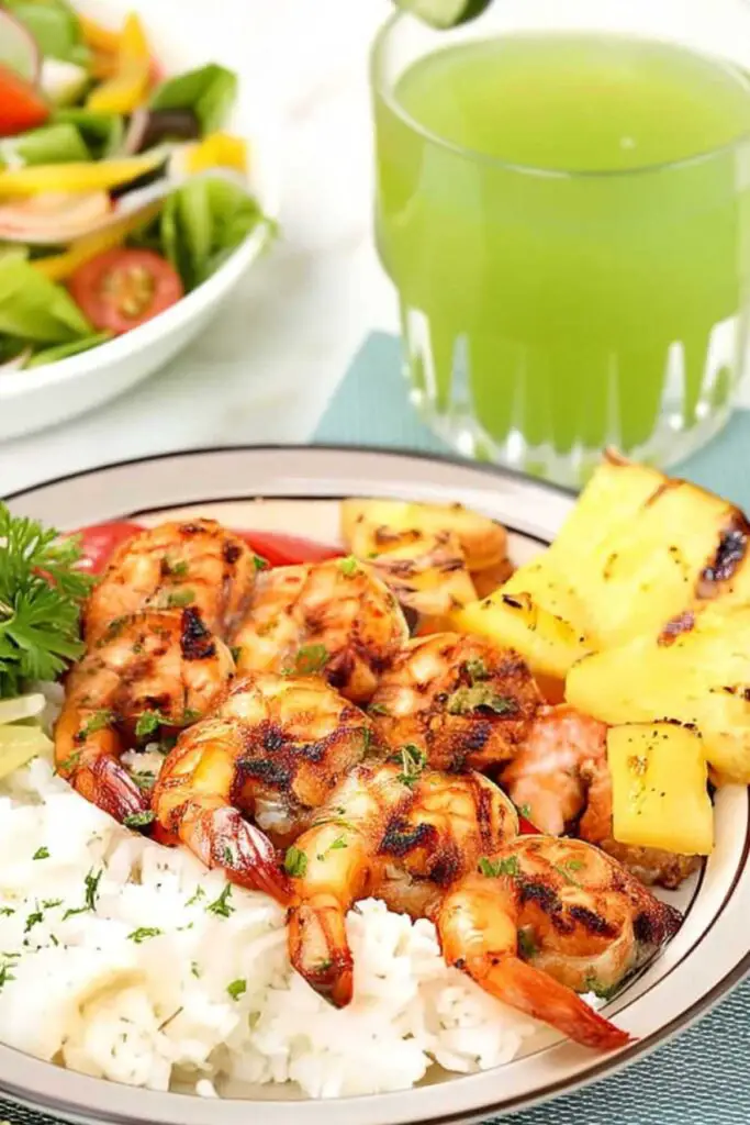 Marinated grilled shrimp on wooden skewers ready for grilling with spices and herbs