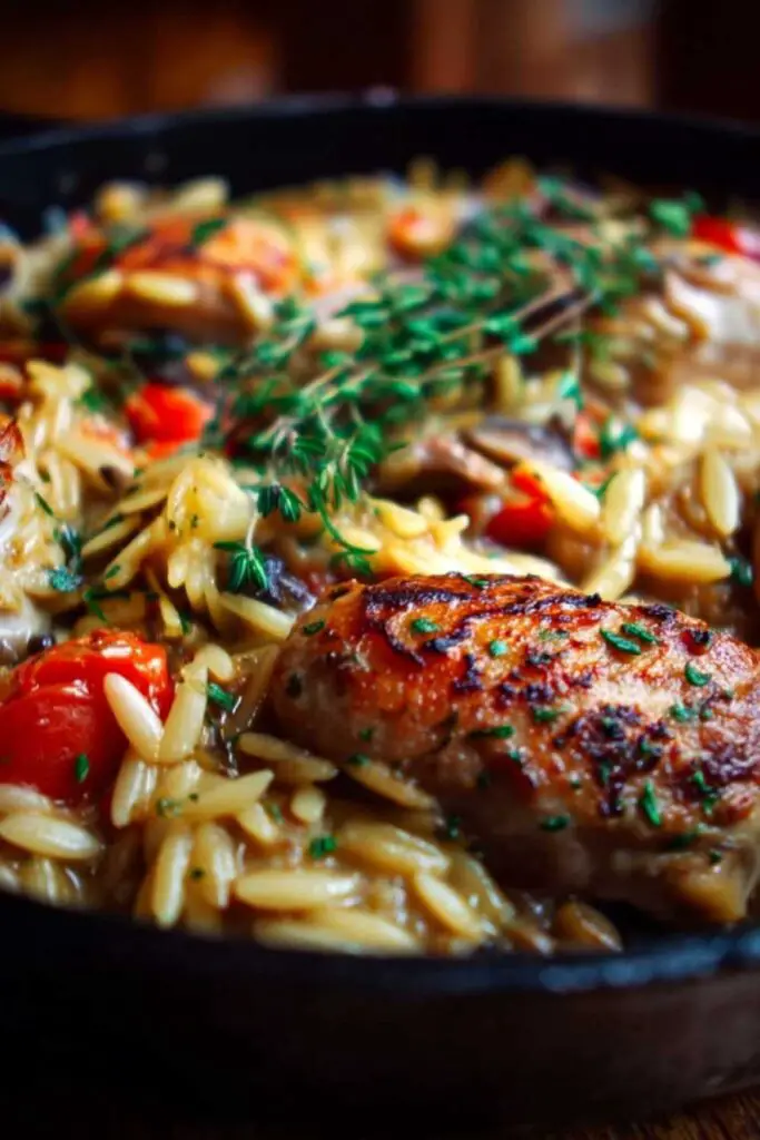 Chicken pieces browning in skillet for Marry Me Chicken Orzo recipe