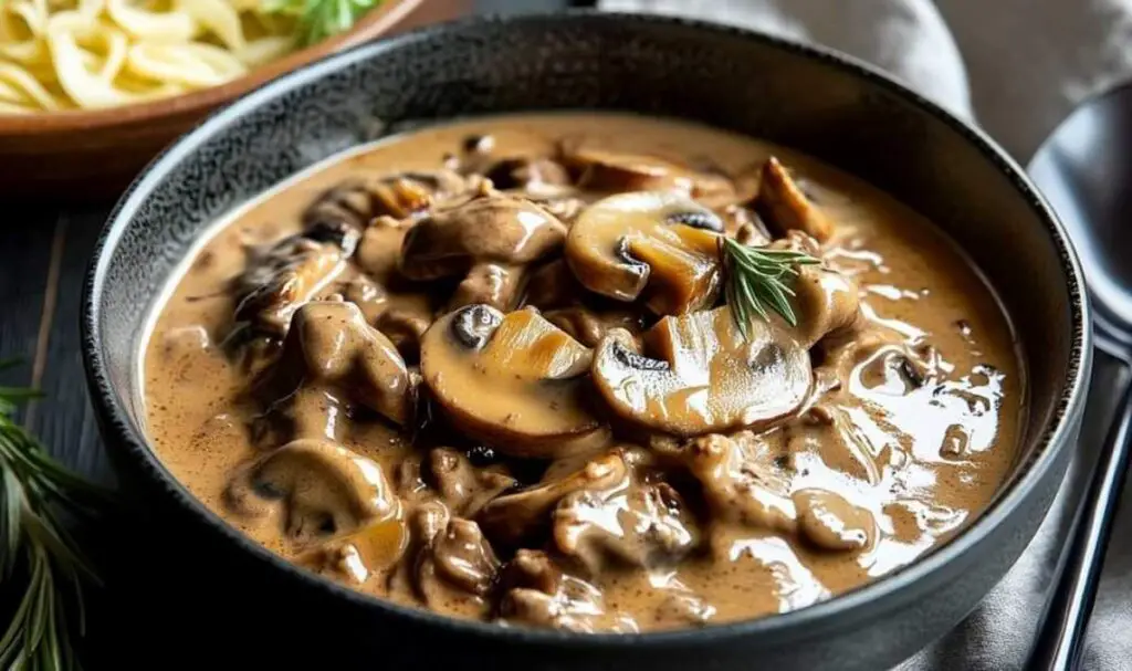 Martha Stewart beef stroganoff served over egg noodles with fresh dill garnish