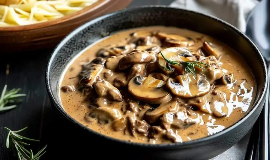 Martha Stewart beef stroganoff ingredients laid out on kitchen counter