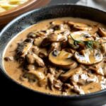 Martha Stewart beef stroganoff ingredients laid out on kitchen counter