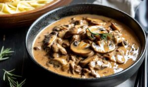 Martha Stewart beef stroganoff ingredients laid out on kitchen counter