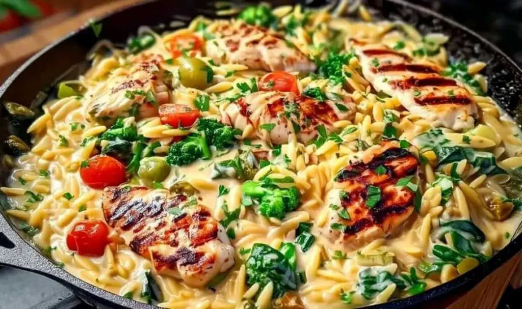Mediterranean creamy chicken orzo with broccoli in large skillet