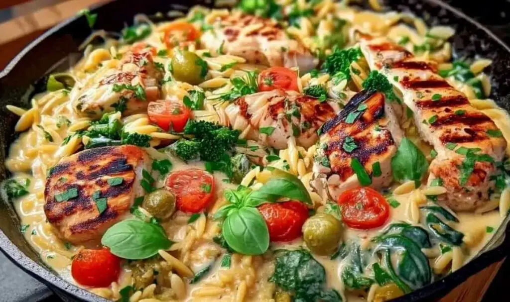 Ingredients for Mediterranean creamy chicken orzo including chicken broccoli orzo pasta