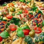 Ingredients for Mediterranean creamy chicken orzo including chicken broccoli orzo pasta