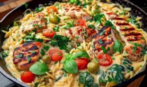 Ingredients for Mediterranean creamy chicken orzo including chicken broccoli orzo pasta