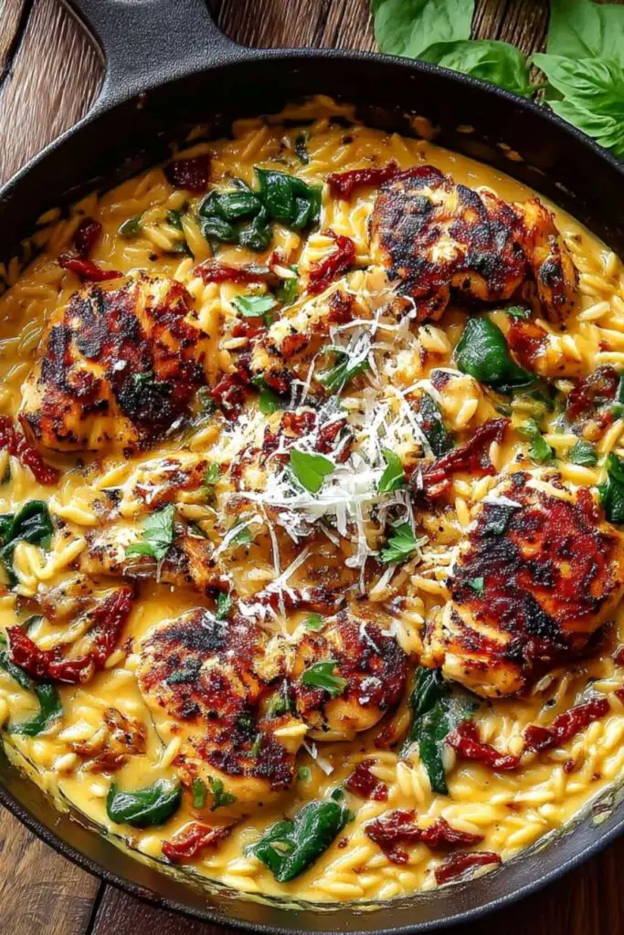 One-Pan Marry Me Chicken Orzo in skillet with creamy sauce and fresh spinach