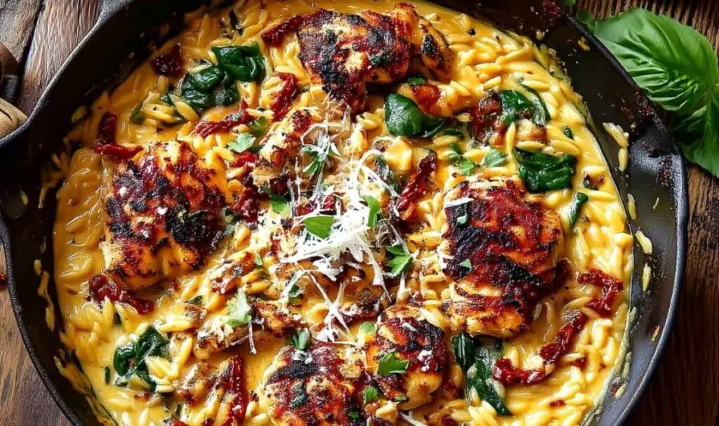 Searing chicken pieces for One-Pan Marry Me Chicken Orzo recipe