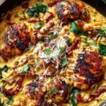 Plated One-Pan Marry Me Chicken Orzo garnished with parmesan and herbs