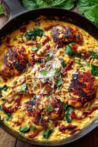 Plated One-Pan Marry Me Chicken Orzo garnished with parmesan and herbs