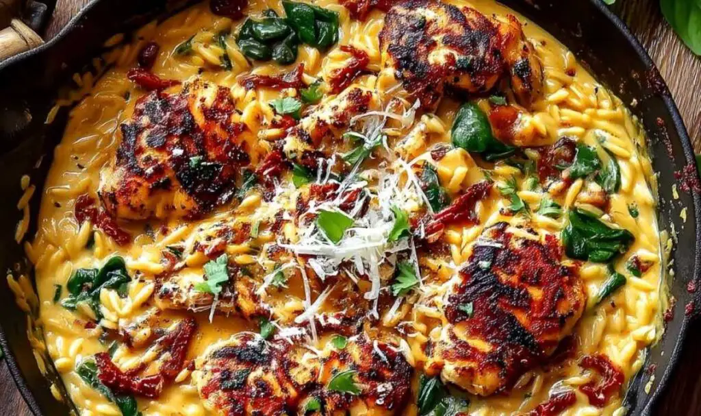 Plated One-Pan Marry Me Chicken Orzo garnished with parmesan and herbs