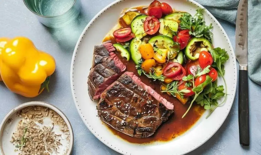 Finished pepper steak recipe with sliced steak and pepper sauce