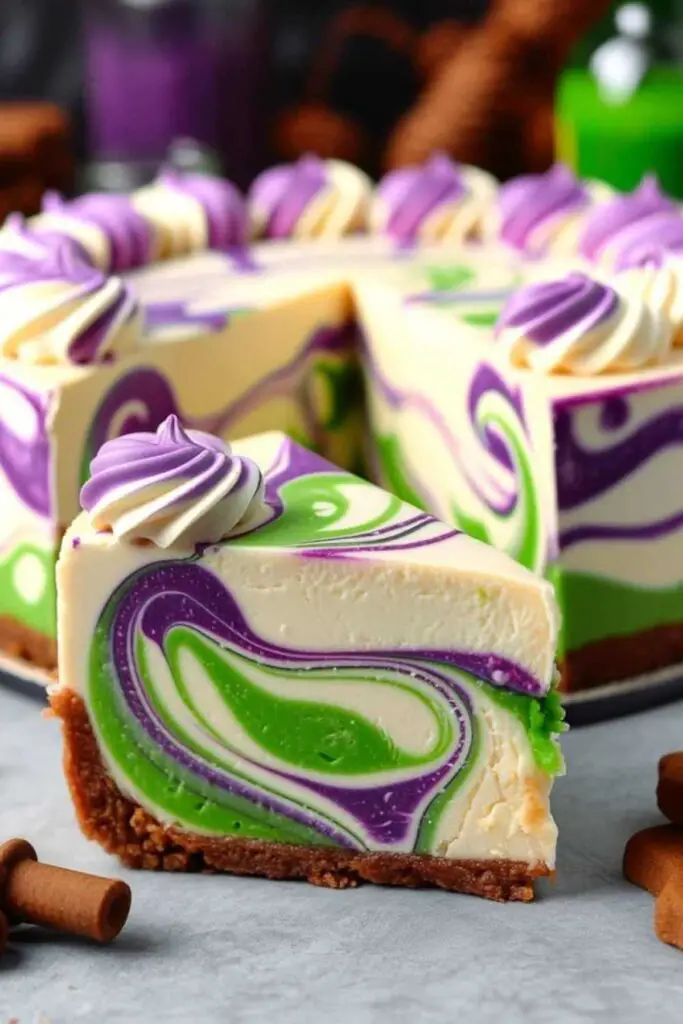 Polyjuice Potion Swirl Cheesecake with magical green and purple swirls on white plate