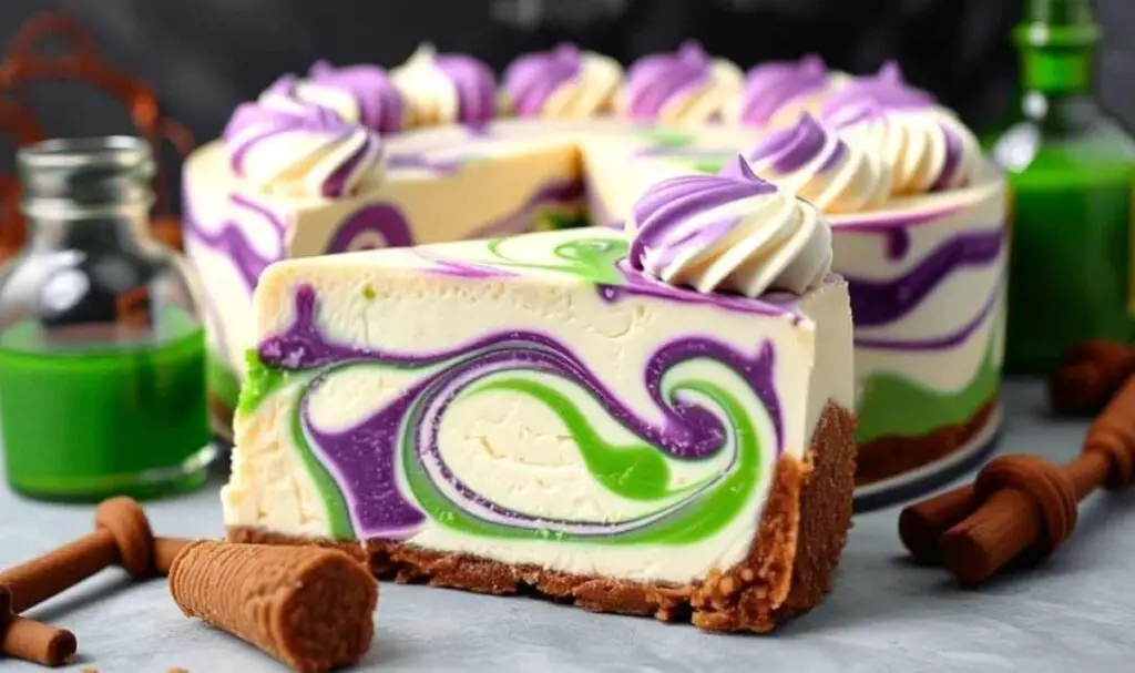 Making Polyjuice Potion Swirl Cheesecake swirl pattern with toothpick technique
