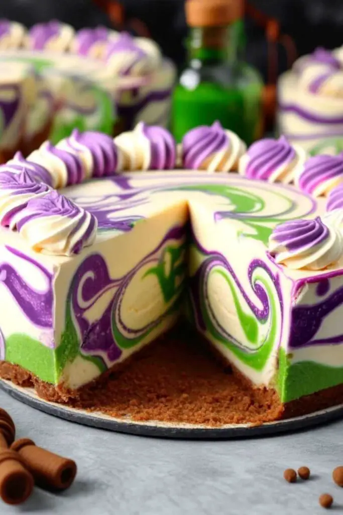 Polyjuice Potion Swirl Cheesecake served at Harry Potter themed party with magical decorations