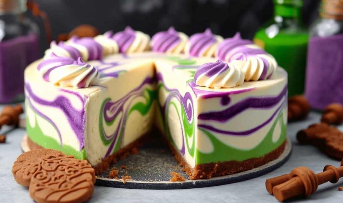 Polyjuice Potion Swirl Cheesecake served at Harry Potter themed party with magical decorations
