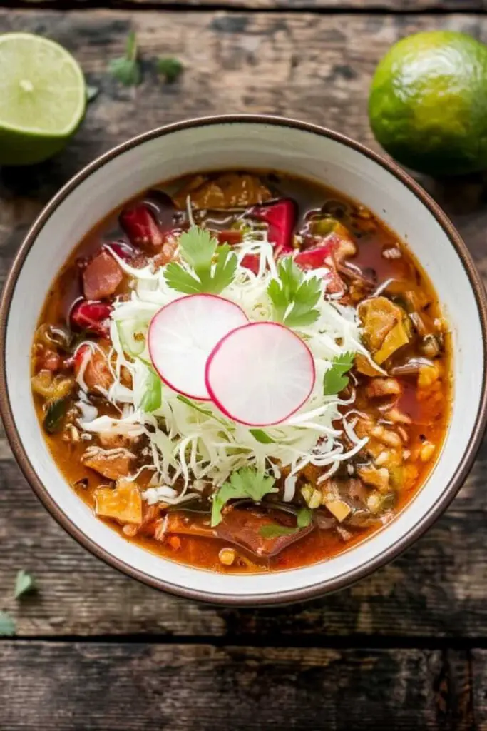 Authentic pozole recipe with pork, hominy, and fresh cilantro garnish in rustic bowl