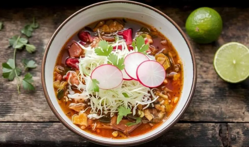 Pozole recipe cooking process showing simmering pork in large Dutch oven