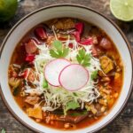 Pozole recipe garnishes including fresh cilantro, radishes, lime wedges, and tortillas