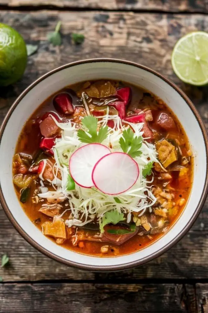 Pozole recipe garnishes including fresh cilantro, radishes, lime wedges, and tortillas