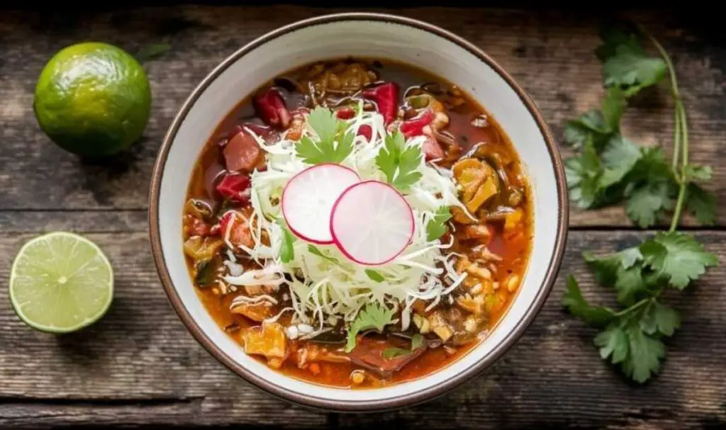 Pozole recipe garnishes including fresh cilantro, radishes, lime wedges, and tortillas