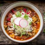 Pozole recipe garnishes including fresh cilantro, radishes, lime wedges, and tortillas