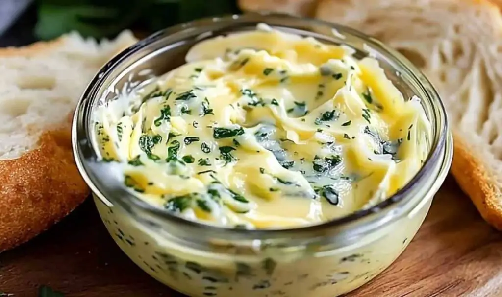 Rich and creamy garlic butter melting in saucepan with fresh herbs