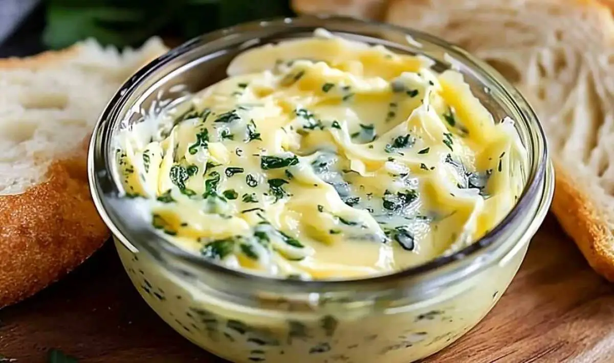 Rich and creamy garlic butter melting in saucepan with fresh herbs