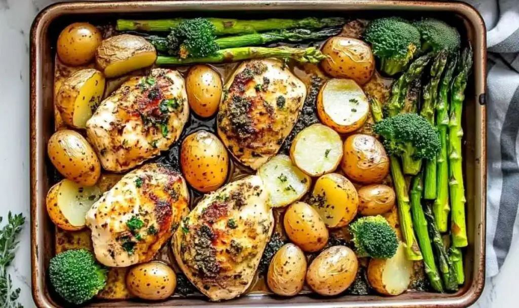 Close up of sliced garlic butter chicken with roasted vegetables on dinner plate