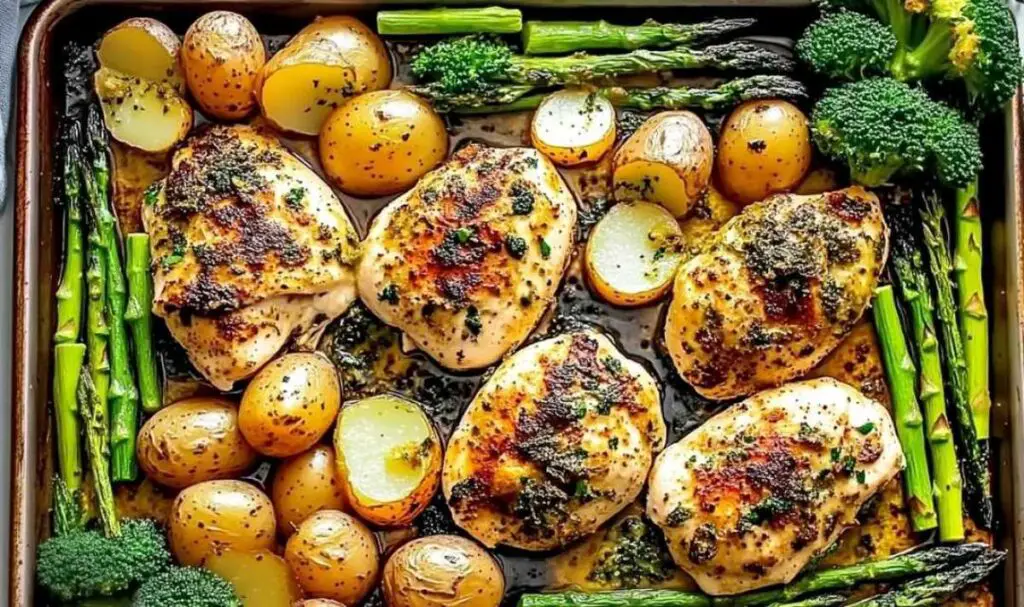 Close up of sliced garlic butter chicken with roasted vegetables on dinner plate