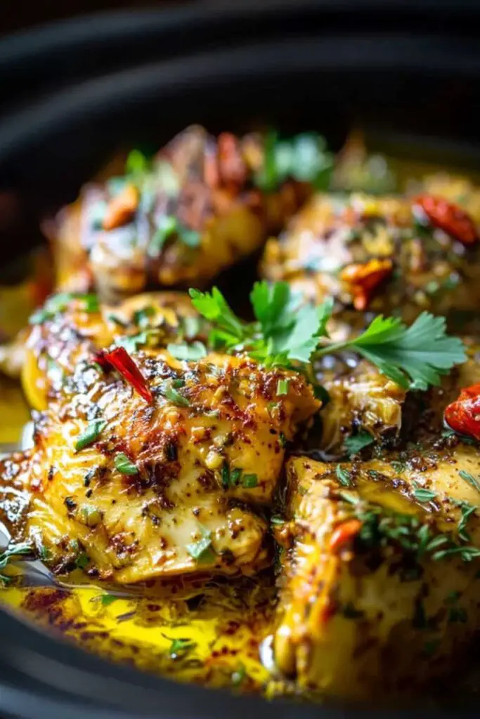 Slow cooker garlic butter chicken with herbs on white plate