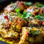 Raw chicken breasts with garlic butter mixture in slow cooker