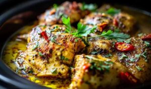 Raw chicken breasts with garlic butter mixture in slow cooker