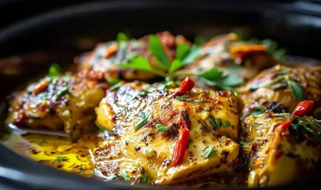 Slow cooker garlic butter chicken served over rice with vegetables