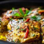 Slow cooker garlic butter chicken served over rice with vegetables
