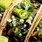 Spicy black bean tacos with avocado, spinach, and feta cheese on corn tortillas