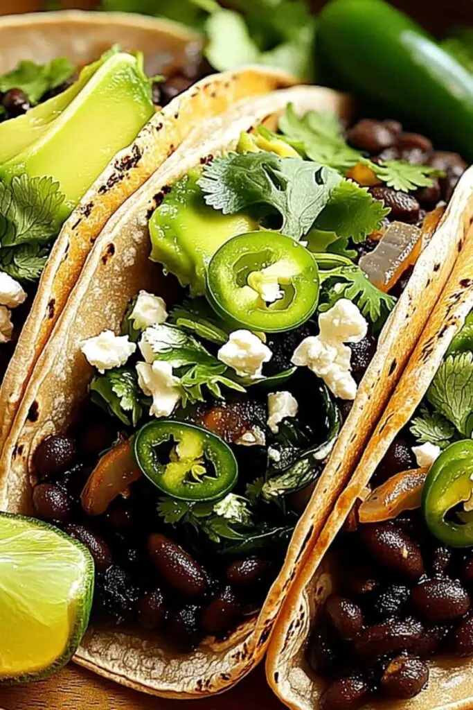 Spicy black bean tacos with avocado, spinach, and feta cheese on corn tortillas