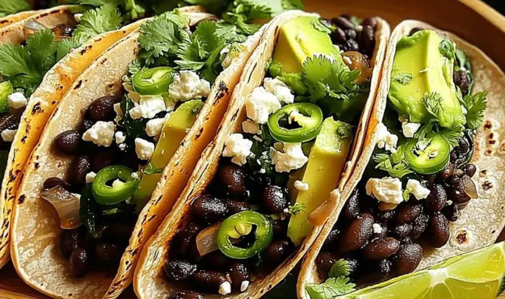 Black beans cooking with spices in a pan for spicy black bean tacos