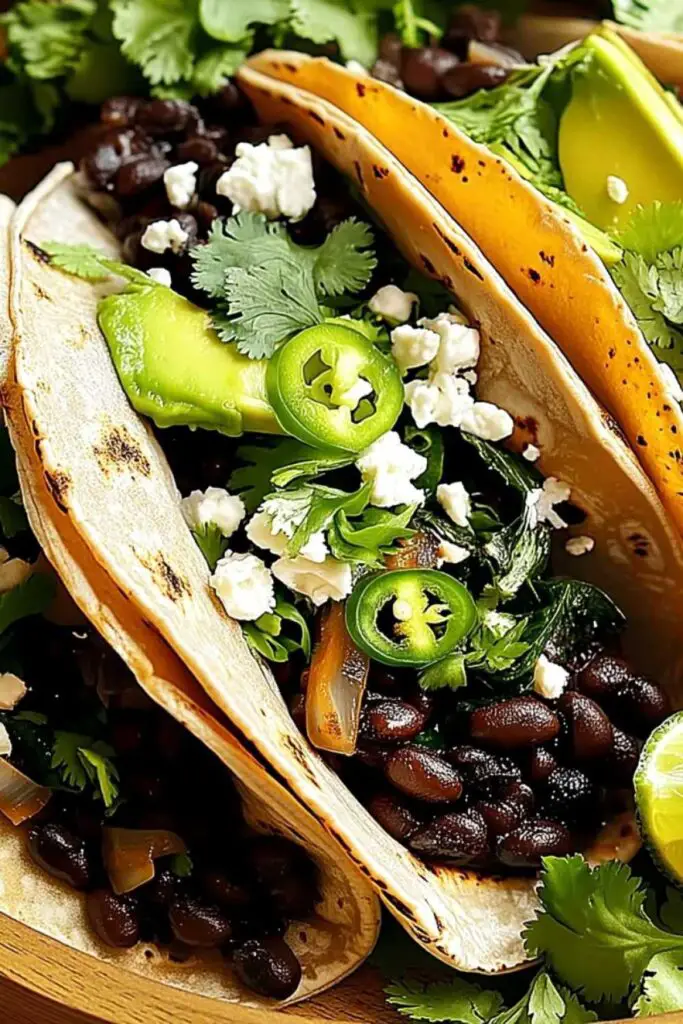 Spicy black bean tacos ingredients including beans, tortillas, and fresh toppings