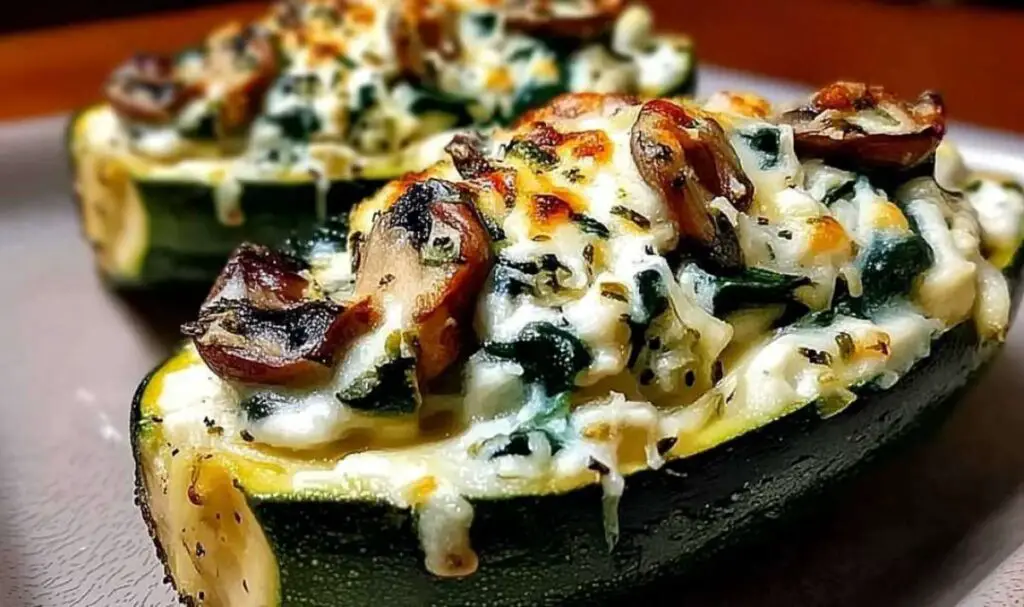 Spinach mushroom ricotta stuffed zucchini boats on white plate with fresh herbs