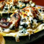 Spinach mushroom ricotta stuffed zucchini boats on white plate with fresh herbs