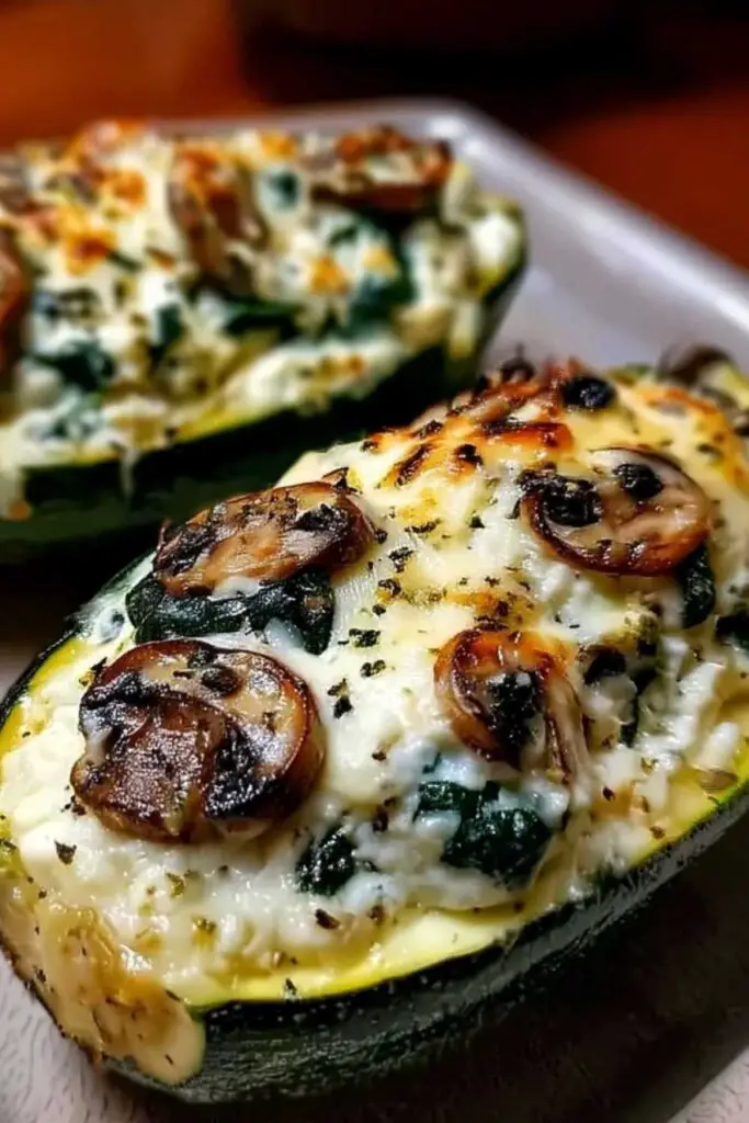 Hollowed zucchini boats being filled with spinach mushroom ricotta mixture