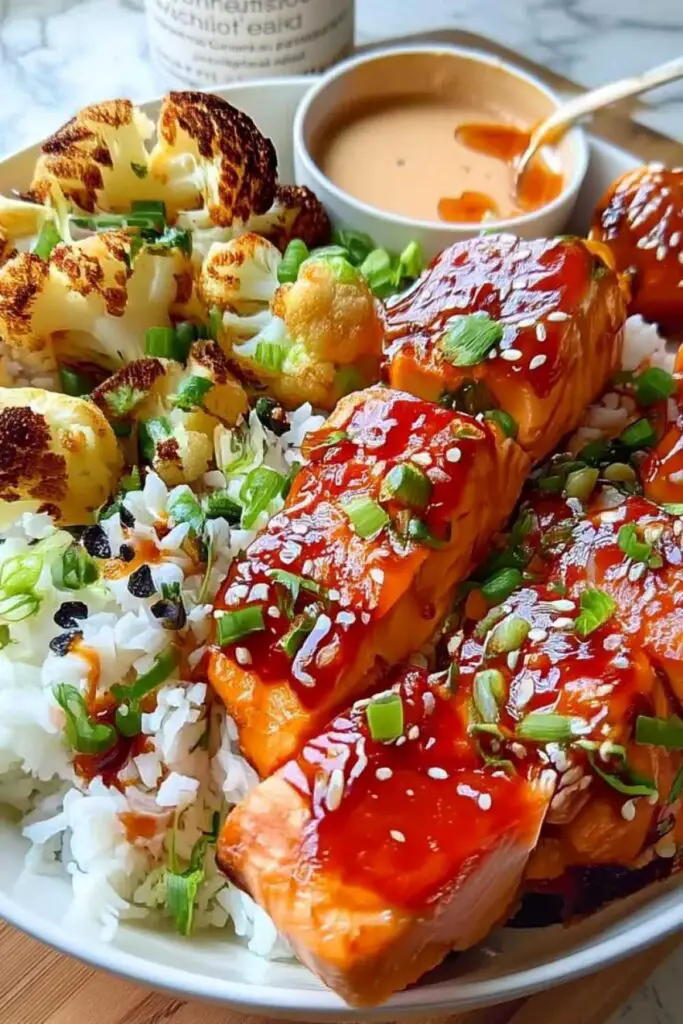 Sriracha honey salmon bowls with jasmine rice and roasted cauliflower garnished with green onions