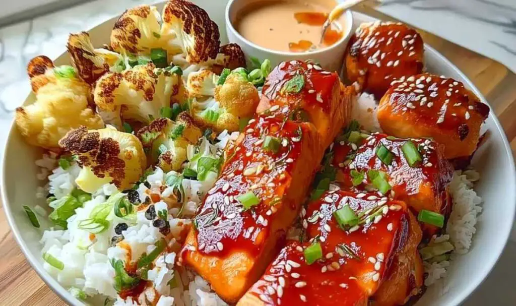 Glazed salmon cooking in skillet with sriracha honey sauce bubbling