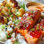 Sriracha honey salmon bowl ingredients laid out including fresh salmon, sriracha sauce, and jasmine rice
