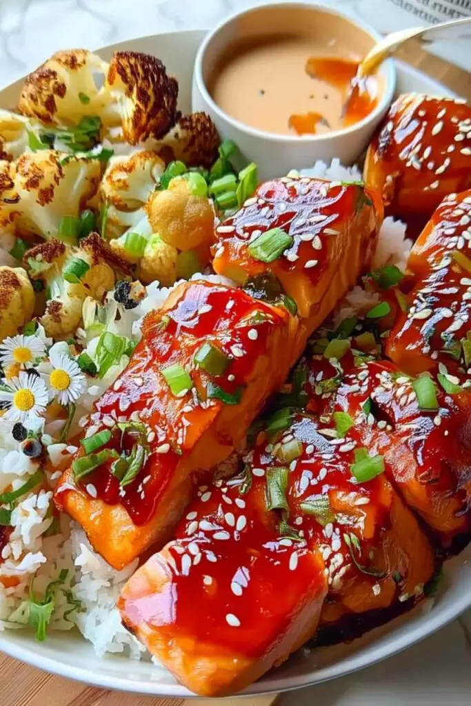 Sriracha honey salmon bowl ingredients laid out including fresh salmon, sriracha sauce, and jasmine rice