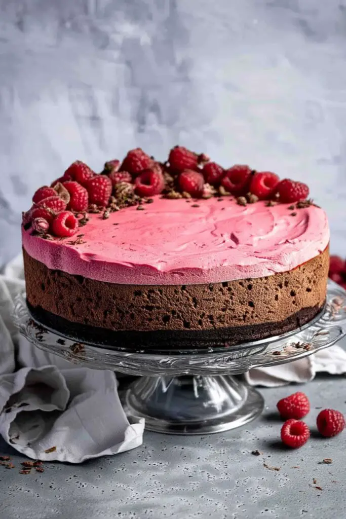 Whole vegan chocolate raspberry mousse cake decorated with fresh raspberries